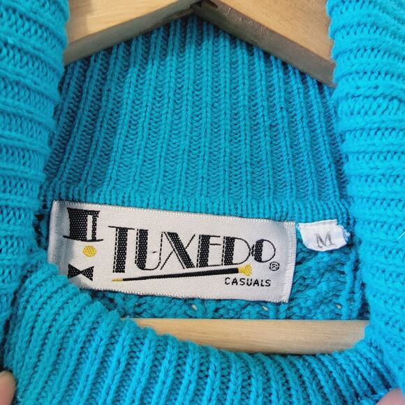 Vintage 90's Y2K Teal/Turquoise Blue Cable Knit Turtle Net Pullover Sweater M - Picture 4 of 7